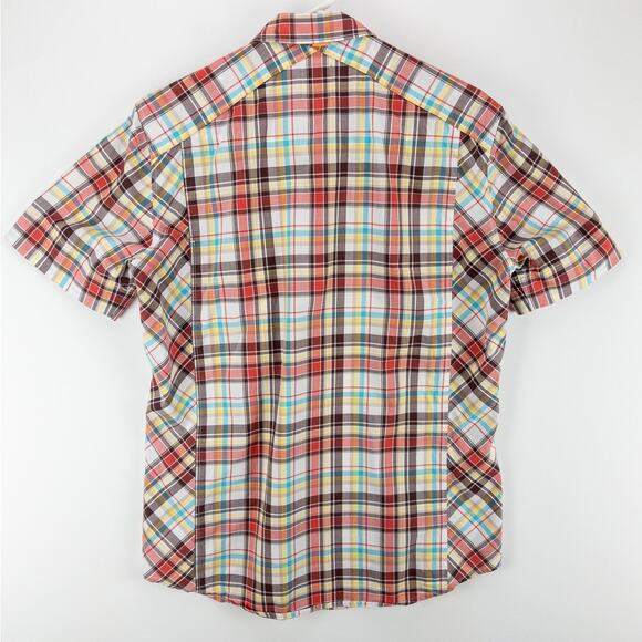 Boss Orange Plaid Men's Medium Button Up Short Sleeve Red White Brown Logo - Picture 10 of 12